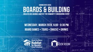 The Rook Room's Gaming Gives Back Boards and Building Fundraising Event Graphic