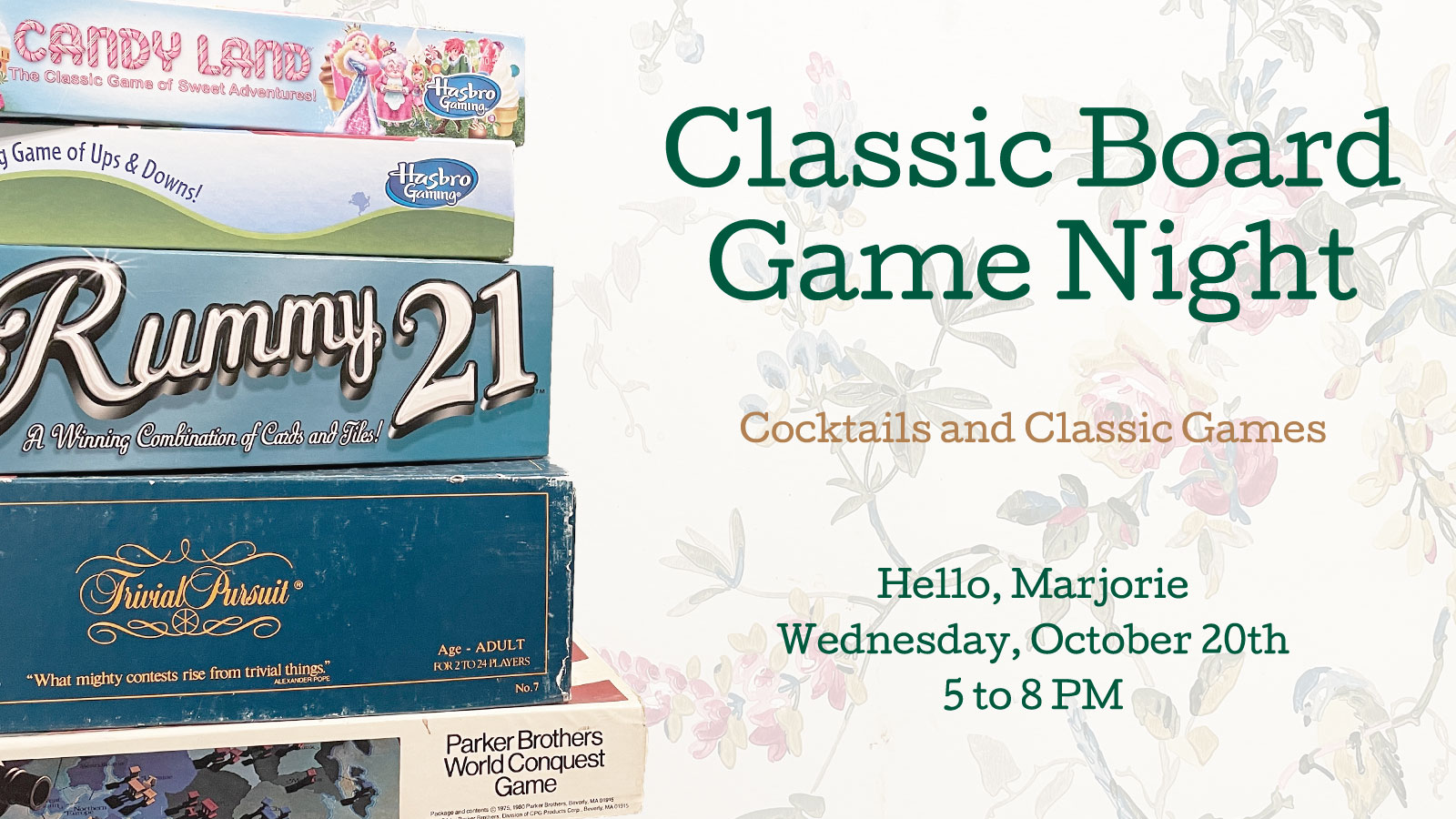 Classic Board Game Night at Hello Marjorie Header Image with Games and Info