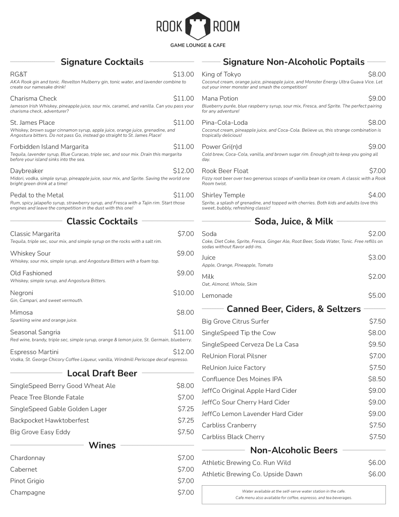 Menus | The Rook Room Des Moines Board Game Cafe & Pop-Up Events